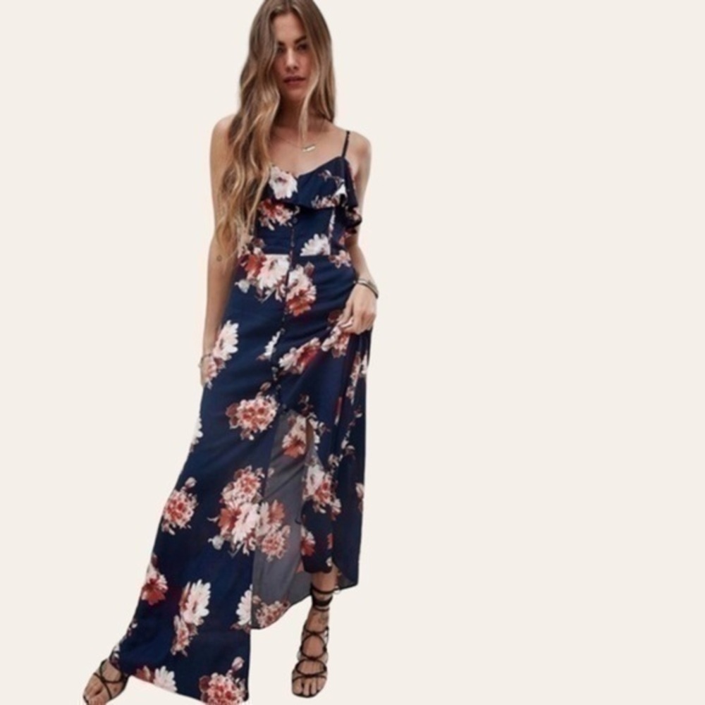 Band of Gypsies Navy Floral Maxi Dress Ruffle Straps Front Slit
